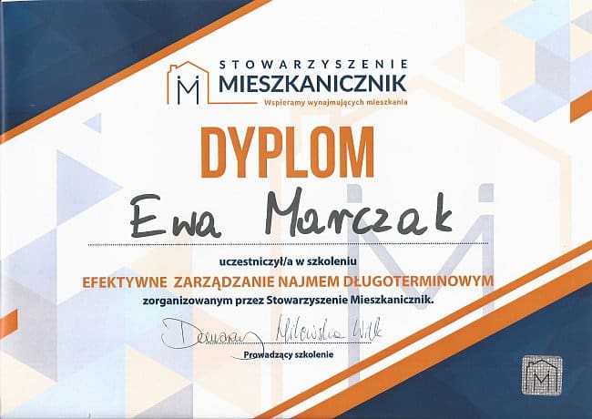 Ewa Marczak - dyplom Stowarzyszenia Mieszkanicznik