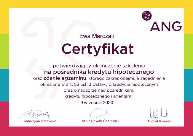 Ewa Marczak - Certyfikat na pośrednika kredytu hipotecznego